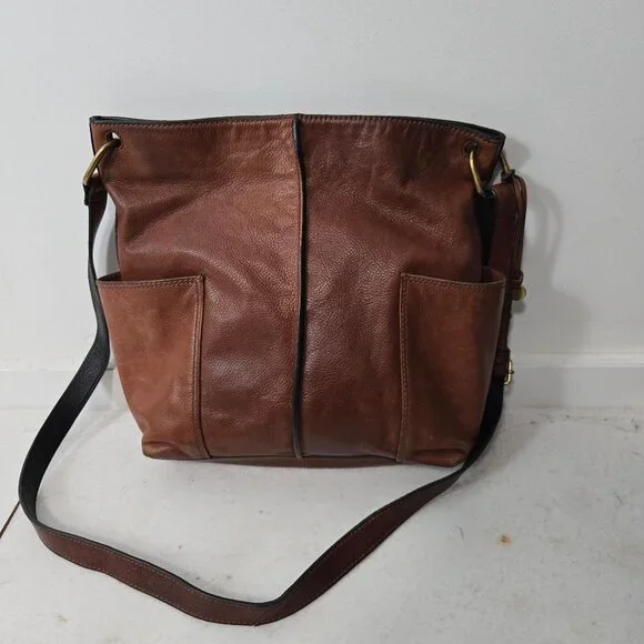 Fossil Brown Cow Hide Leather Crossbody Bag Medium Snap Closure Adjustable - Picture 3 of 16